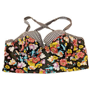 Torrid 2 Black Floral Underwire Adjustable Bikini Top Black White Striped Accent